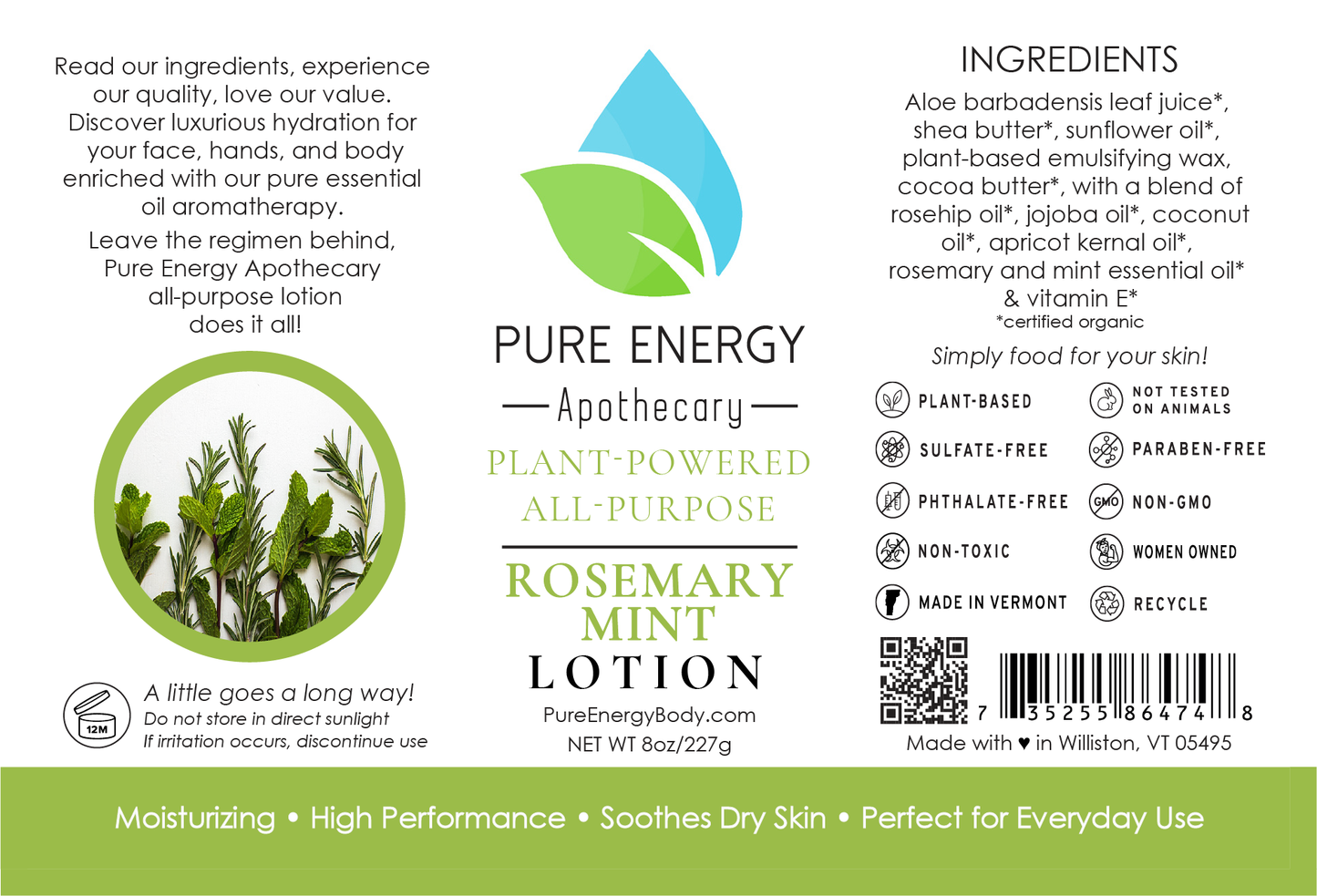 Rosemary Mint All-Purpose Organic Lotion 8oz – Deep Moisture, Fresh Scent, Non-Toxic | Pure Energy Apothecary
